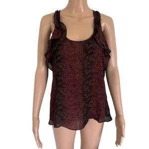 Parker Silk Ruffle Racerback Tank Top Red Black Abstract Animal Print S Feminine
